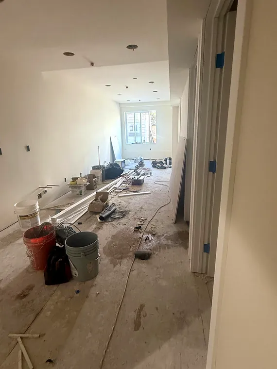 Interior remodeling work in progress with tools and materials